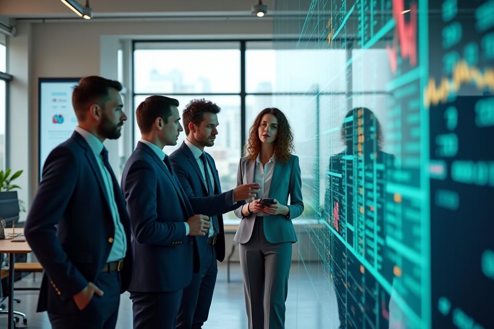 En gruppe mennesker som samarbeider og diskuterer økonomi foran en dataskjerm, symboliserer tillit og samarbeid.