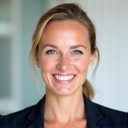 Portrett av Sofie Larsen, en vennlig kvinne som representerer finansiell rådgivning.